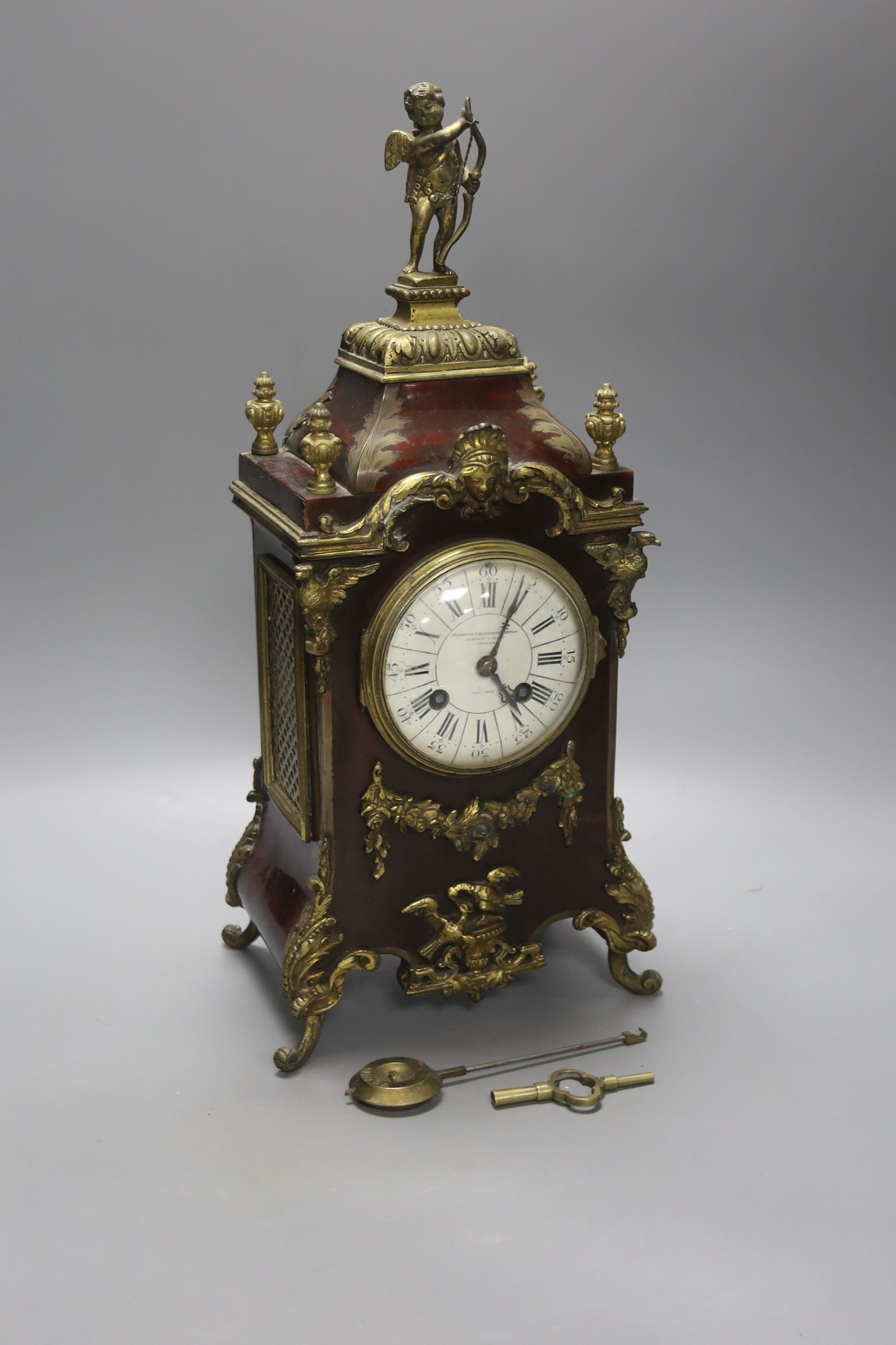 A 19th century French ormolu mounted boulle mantel clock, with key and pendulum, height 40cm